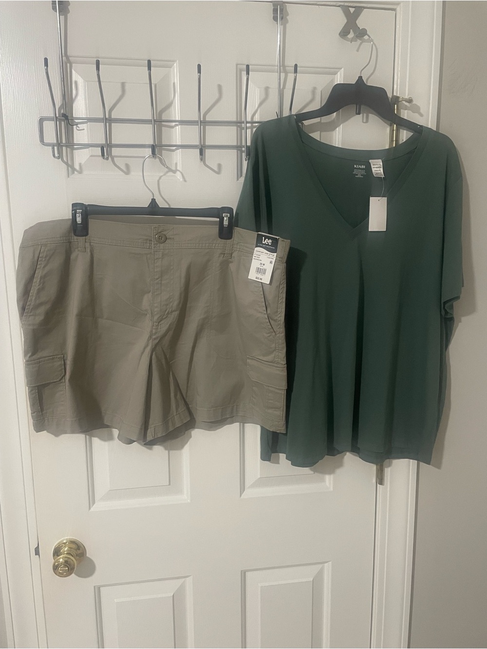 Lee Olive Cargo Shorts with Deep Green V-Neck Tee